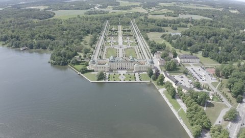 D-Log. Stockholm, Sweden - June 23, 2019: Drottningholm. Drottningholms Slott. Well-preserved royal residence with a Chinese pavilion, theater and gardens, Aerial View