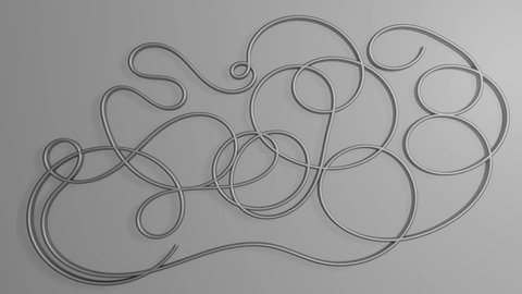 3d animation of silver wire drawing in elegant loops and kinks on light gray background. Decorative vfx video, lowcontrasting animation, 3d render in fullHD resolution