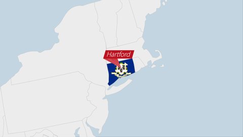 US State Connecticut map highlighted in Connecticut flag colors and pin of country capital Hartford, map with neighboring States.