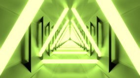 Looping endless 3D animation of triangle tunnel with green neon lights. 60fps video