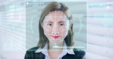 Facial Recognition System concept - Futuristic and Technological Scanning of asian business woman smile to you in the office