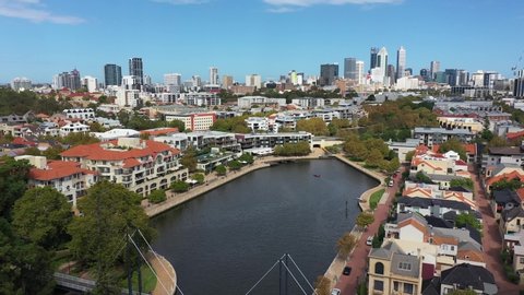 MARCH 5,2020: Aerial video of Claisebrook Cove and the City of Perth in the background. Western Australia
