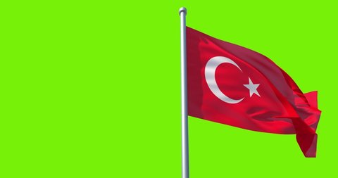 Turkey flag on flagpole on green background. Turkish Flag in Slow Motion. The Republic of Turkey flag waving in wind. Great for History, presentation with texts and corporate projects.