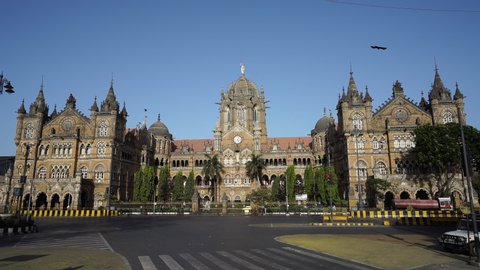 Mumbai, India: March 22, 2020: Deserted CSMT (VT) and surrounding area on first day of lock down in Mumbai due to Covid 19 pandemic. Corona virus outbreak in third stage in Mumbai.