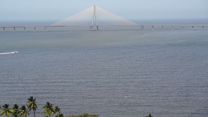 Aerial 4k footage of Bandra Worli sea link , shot in late evening in Mumbai, India on first day of lock down in Mumbai due to Covid 19 pandemic. Corona virus outbreak in third stage in Mumbai.