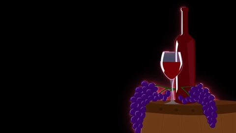 2d neon animation, bottle of red wine, wineglass and grape branch on wooden barrel. Concept of alcohol industry, wine production. Black bakground.