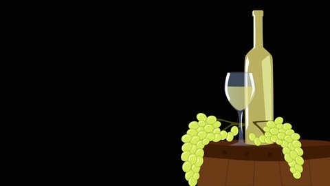 2d animation, bottle of white wine, wineglass and grape branch on wooden barrel. Concept of alcohol industry, wine production. Black bakground.
