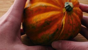 Splitting an acorn squash in half. The raw halves of the hearty autumn gourd are split into two ready to be roasted and eaten.  - Powered by Shutterstock - Get 15% off with code: PIKWIZARD15