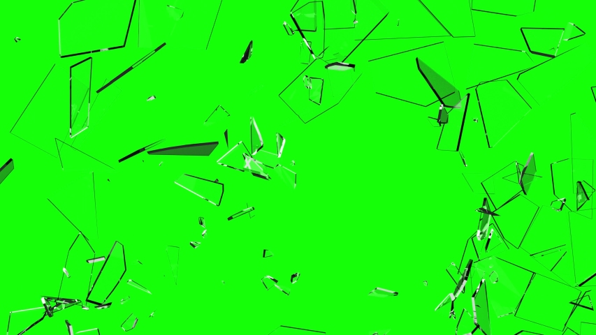 Slow Motion Shattered and broken glass shards flying through the air on a white, black, and green background. Green screen chroma key, transparent background, luma matte, alpha channel mask. Royalty-Free Stock Footage #1048897045