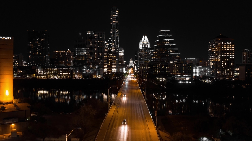 4K Austin Skyline Night Time Lapse Drone Aerial Cesar Chavez Texas Capitol