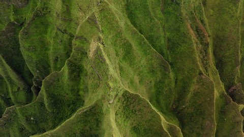 Top view over the steeply sloping wavy rocky ridges of Hawaiian mountainous formations. Tropical exotic relief of the island is on the shot. Vibrant greenery cover the surface of the cliffs. Aerial,4K