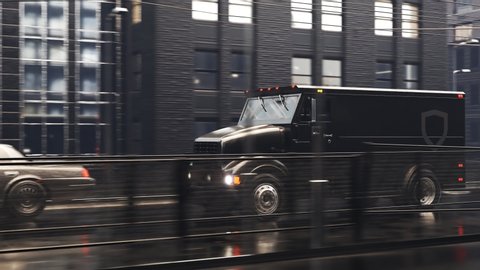 A heavy, black armoured truck going through the city downtown during rainy weather. Bank money safe transportation in a hurry. Blurred city streets passing by in the background. Looping animation.
