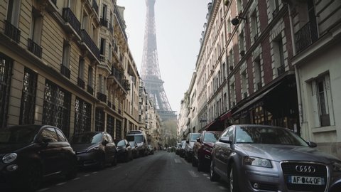 Paris, France - 03 20 2020: Empty street near Eiffel tower in Paris france, during coronavirus / covid-19 lockdown