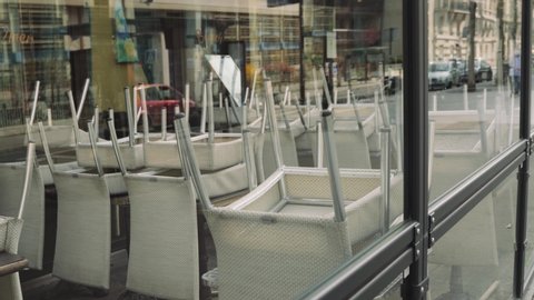 Paris, France - 03 20 2020: closed cafe terrace in Paris france, during coronavirus / covid-19 lockdown