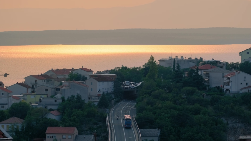 A beautiful and romantic sunset at Croatia city Crikvenica. 4k. 60fps