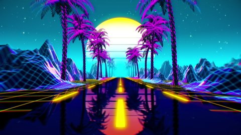 80s retro futuristic sci-fi seamless loop. Retrowave VJ videogame landscape, neon lights and low poly terrain grid. Stylized vintage vaporwave 3D animation background with mountains, sun and stars. 4K