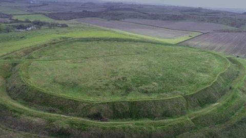 Aerial view of the Iron Age hill top fort of Barbary Castle, Wilshire. This two thousand five hundred year old fort is located on the Ridgeway, on the north Marlborough Downs, overlooking Swindon