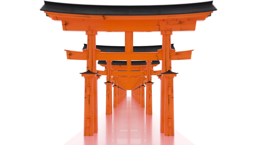 Walkway Infinity Horizon Traditional Japanese Gate Moving Forward. Stylish Authentic 3D Animation Colorful Way in Japan Tori Gates. Motion through Wooden Torii Doors Tunnel. POV movement loop able 4K Royalty-Free Stock Footage #1048923574