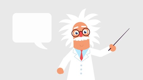 Animated professor or scientist with tousled hair explaining and talking about something, gesticulates and shows a pointer. Appears next speech bubble for text. Perfect template for explaining video.
