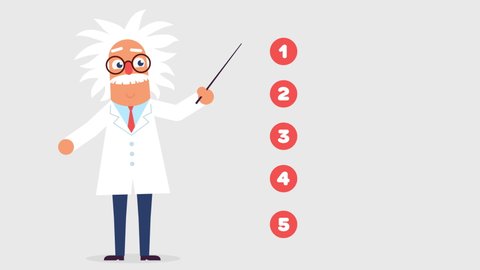 Animated professor or scientist with tousled hair explaining and talking about something, gesticulates and shows a pointer. Appears next numbers for list text. Perfect template for explaining video.