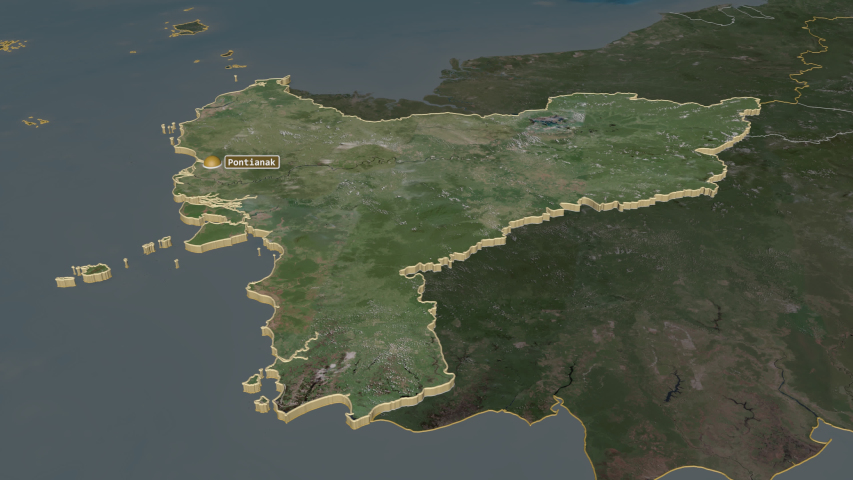 Kalimantan Barat, province with its capital, zoomed and extruded on the satellite map of Indonesia in the conformal Stereographic projection
