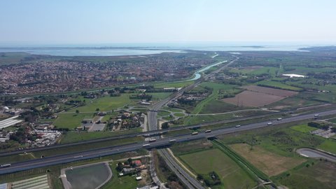 Lattes aerial shot with mediterranean sea in background empty highway during lockdown France aerial