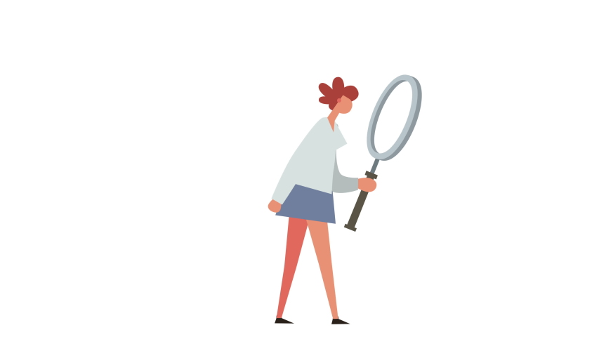 Flat Cartoon Stick Figure Color Woman Girl Character Walking with Magnifying Glass Animation Luma Matte