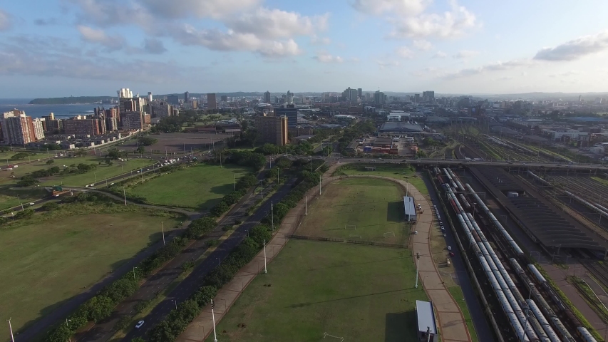 Aerial footage of skyline of a modern and developed city in Africa - Durban, South Africa