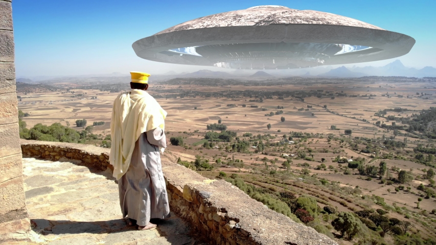 Afriacn Priest Lookin at Large Alien Ufo saucer Ship over the mountains
Large ufo saucer flying over mountains in Africa with priest watching
