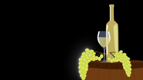 2d animation on alfa channel, bottle of white wine, wineglass and grape branch on wooden barrel. Concept of alcohol industry, wine production. Black bakground.