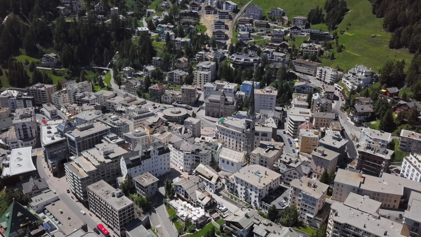 Aerial panorama of St. Moritz (Sankt Moritz), high Alpine resort town in the Engadine, Graubunden, Switzerland.