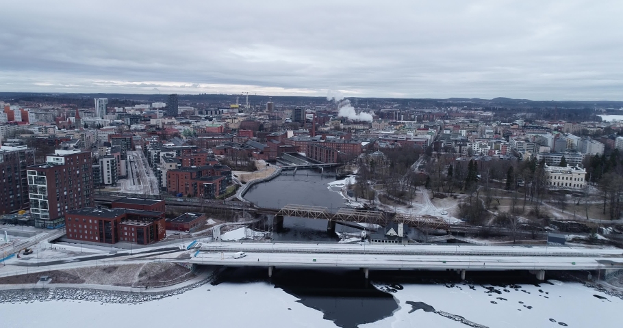 The city of Tampere located between two lakes, Nasijarvi and Pyhajarvi. Aerial view.