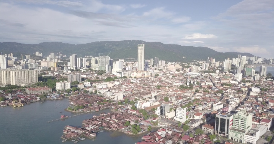 Aerial footage of Georgetown City Penang. George Town has been inscribed as a UNESCO World Heritage Site since 2008.