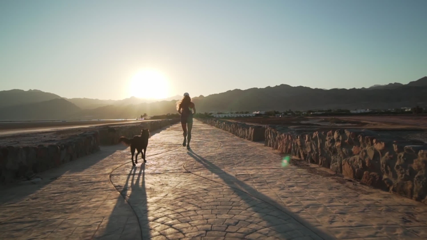 Rear view female runs with her dog at pavement road at sunrise rapid slow motion