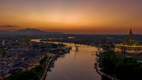 Kuching, Sarawak Malaysia. July 2019 - Evening Drone Hyperlapse of Sungai Sarawak, camera angle hovers from right to left. 1080p Resolution 25fps 