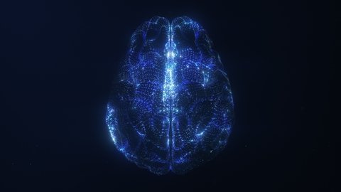 3D render of the human brain. Blue particles follow brain structure, neuronal and synapse activity, thinking, Artificial Intelligence (AI) and deep learning, digital brain with electrical impulses