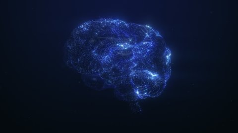 3D render of the human brain. Blue particles follow brain structure, neuronal and synapse activity, thinking, Artificial Intelligence (AI) and deep learning, digital brain with electrical impulses