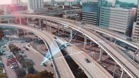 Self driving autonomous cars speeding through the highway with technology scanning their speed. Artificial intelligence traffic surveillance system provide safe driving avoid traffic jams. Aerial view