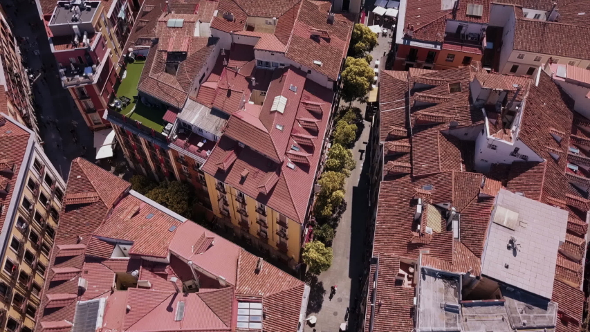 Aerial drone view of historical downtown of Madrid city in Spain before lockdown caused by coronavirus Covid19 pandemic  Royalty-Free Stock Footage #1049010178