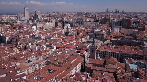 Aerial drone view of historical downtown of Madrid city in Spain before lockdown caused by coronavirus Covid19 pandemic 