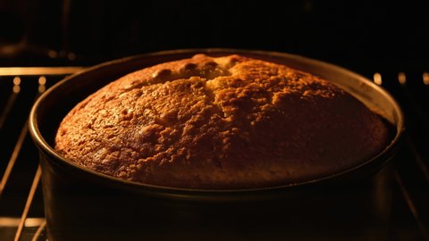 Tasty pie in oven. Timelapse of homemade pie baked. Baking concept. Delicious Pie rising up in oven. Close-up shot in 4k, UHD