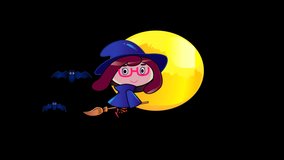 The little witch rode a flying broom to play like a sniper on a Halloween full moon night with his bat.