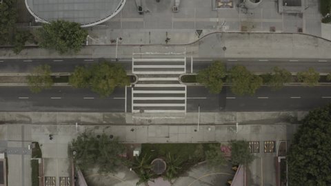 CIRCA 2020 - aerial top down of empty abandoned streets of Los Angeles during corona virus outbreak epidemic.