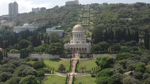 Drone footage of The Bahai Gardens, UNESCO World Heritage Site. the most distinct tourist attraction in all of Haifa, and is very likely the most visited. the Bahai Gardens on Mount Carmel in Haifa