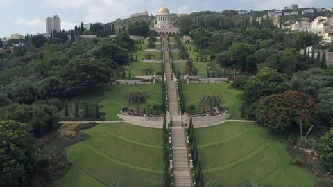 Drone footage of The Bahai Gardens, UNESCO World Heritage Site. the most distinct tourist attraction in all of Haifa, and is very likely the most visited. the Bahai Gardens on Mount Carmel in Haifa