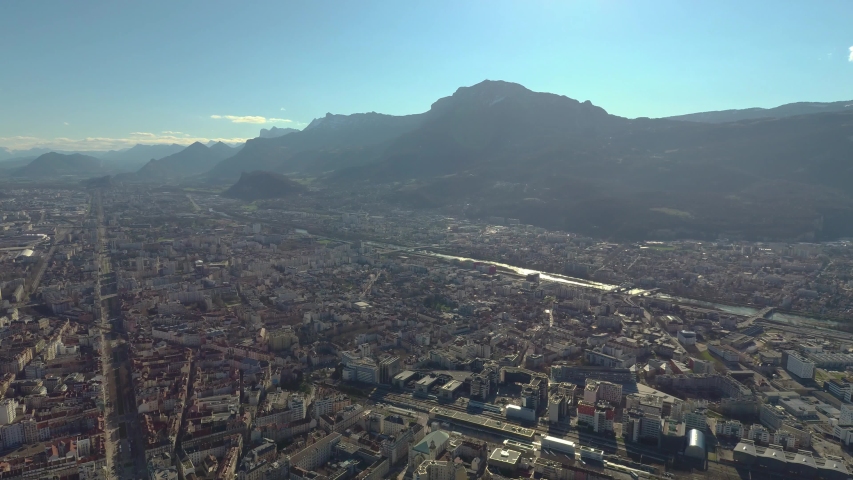 Grenoble City, Bridges, Roof Top and Old street, Aerial Drone Shot, Day Time, Summer, Touristic place in France and Europe