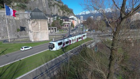 Tramway in France - Grenoble city - Aerial shot - 4K 60FPS 100MBPS