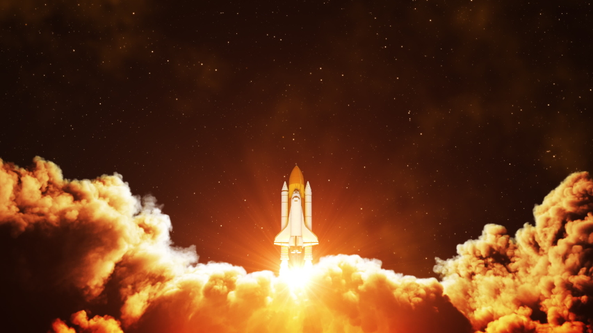Night Launch Of Space Shuttle. Slow Motion. 4K. 3840x2160. UHD. 3D Animation. Royalty-Free Stock Footage #1049053522