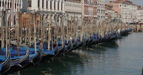 Venice, Italy - March 2020: Covid19 quarantine. Empty gondolas in front of San Marco square. No people. 