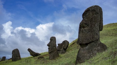 Timelapse of Moai statues at Rano Raraku volcano at Easter Island, Chile, 4K